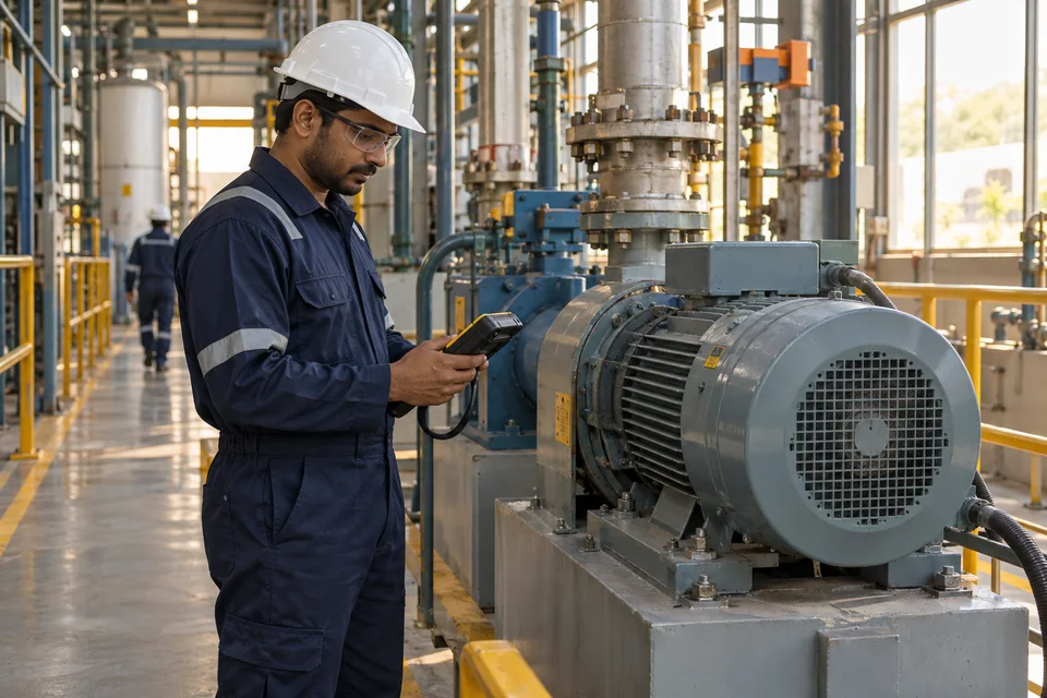 Maintenance engineer inspecting enclosed plant equipment