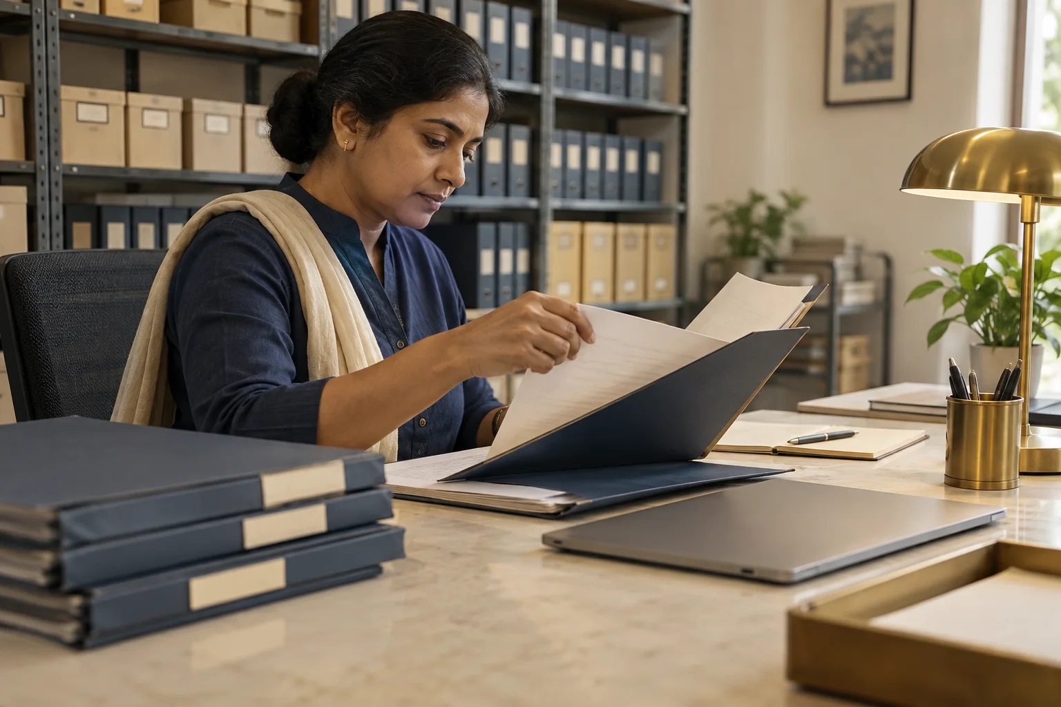 Records officer reviewing a folder in an organised archive