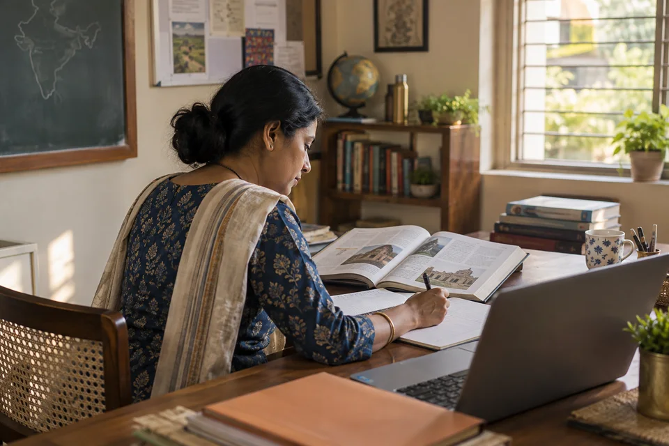 Teacher preparing a lesson from an open textbook