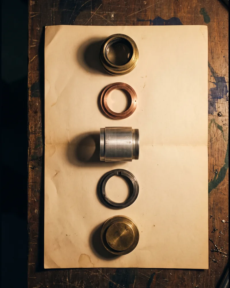 Five parts of a dismantled optical assembly laid flat in a line on blank bone paper: a brass lens cell, a spacer ring, an aluminium barrel section, a retaining ring and an end cap.
