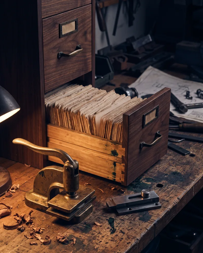A walnut records drawer pulled half open, ranks of blank index cards inside; a brass certificate press and a machined steel latch on the bench in front.