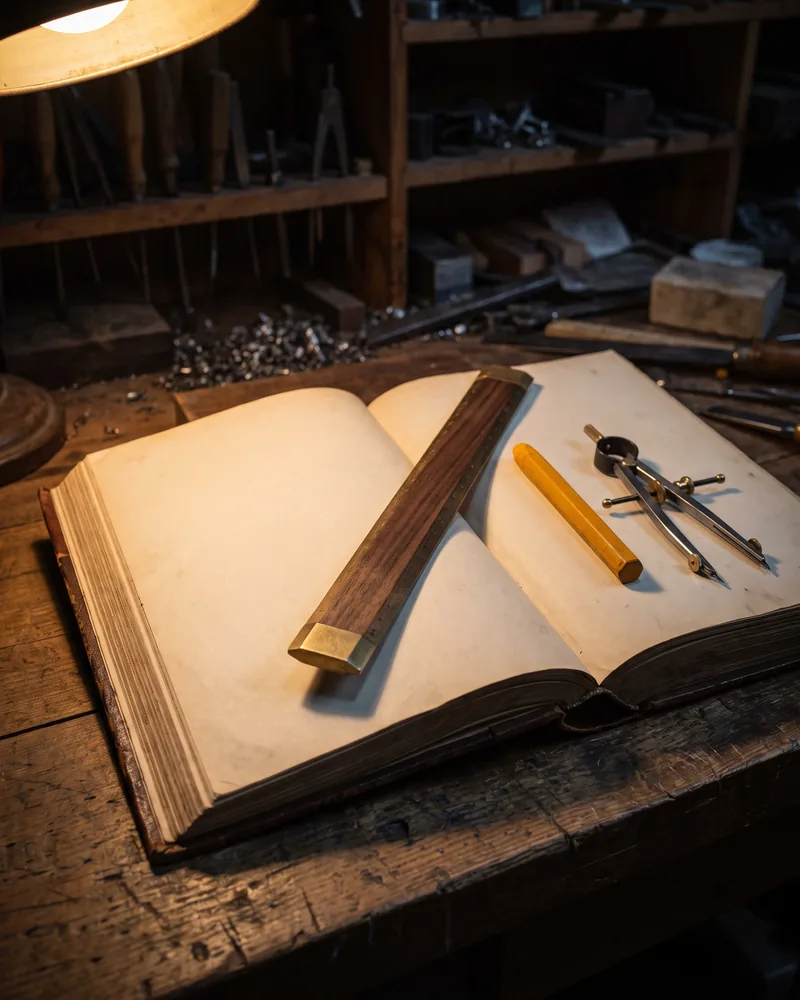 A heavy book lying open at blank cream pages under a workshop lamp; a walnut rule across the gutter, a marigold marker and a pair of dividers on the page.