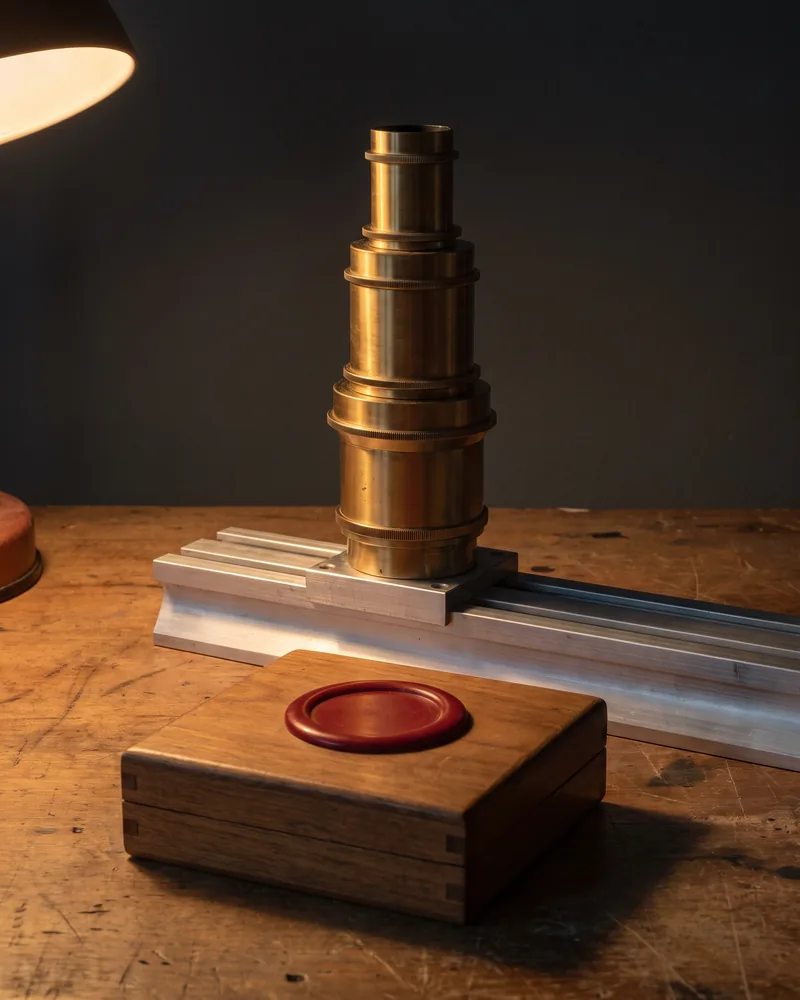 Three brass-barrelled lenses of decreasing size mounted on a machined aluminium rail; in front, a closed evidence case sealed with a disc of unmarked vermillion wax.